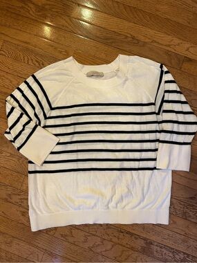 LOFT Ivory & Navy Striped Sweater 3 qtr  sleeves size Large #lightweight #preppy